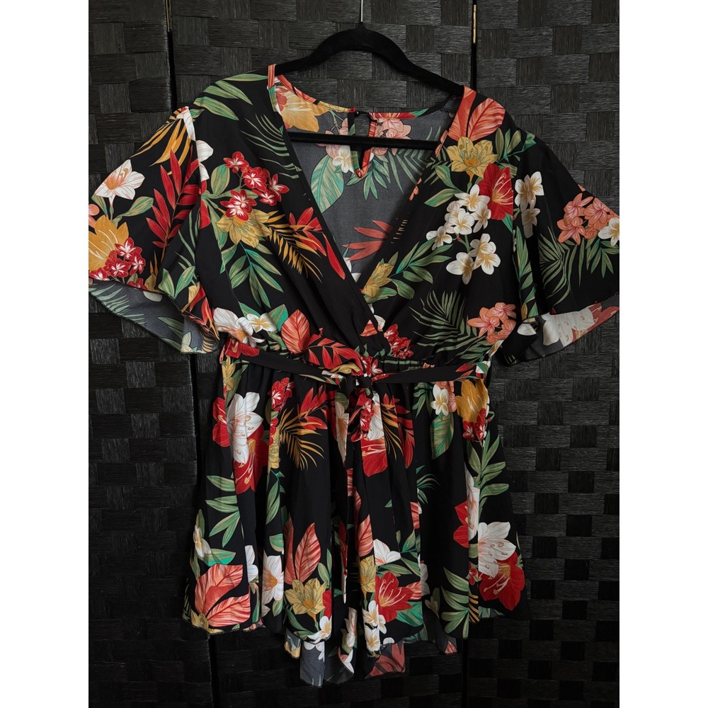 Womens XL Tropical Floral Romper Black Wrap V Neck Flutter Sleeve Tie Waist